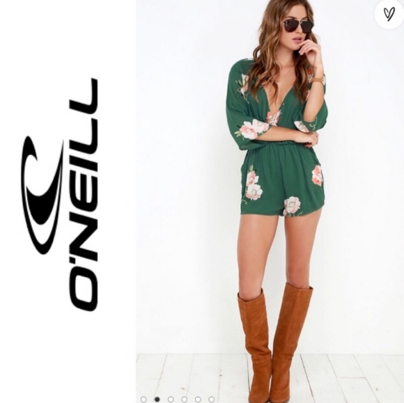 O'Neill Pants - 𝅺O'Neill Indica Green Floral Print Longsleeve V-Neck Romper Women's Size XS
